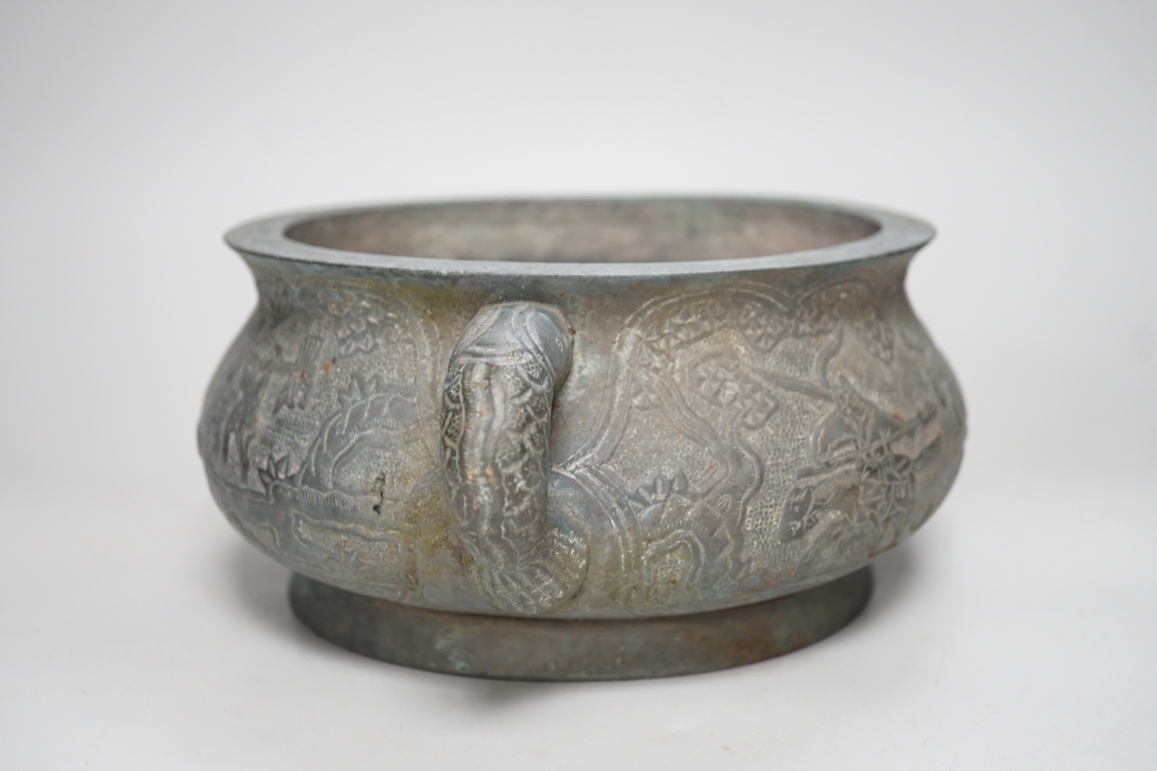A large late 19th/early 20th century Chinese bronze censer, gui, Xuande mark, together with four Chinese figures. Tallest 12cm